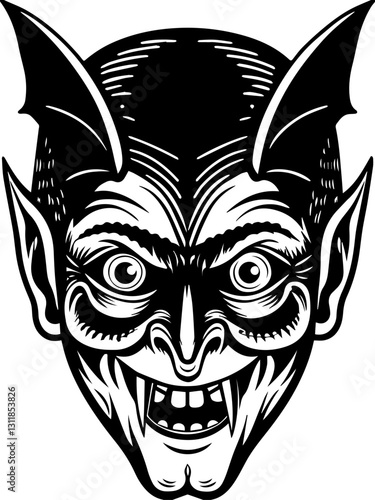 SVG vector features classic demons and eldritch entities. Monochrome Illustration of a Scary Demon Face Design