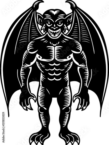 SVG vector features classic demons and eldritch entities. Black and White Devil Illustration with Large Wings and Grin