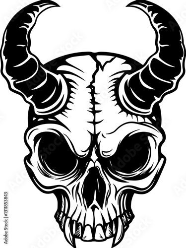 SVG vector features classic demons and eldritch entities. Black and White Demon Skull Illustration with Horns