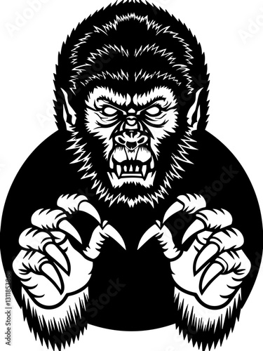 SVG vector features classic demons and eldritch entities. Fierce Black and White Illustration of a Gorilla Face