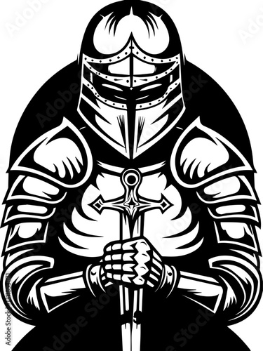 SVG vector features classic demons and eldritch entities. Knight in Armor Holding Sword with Intense Expression