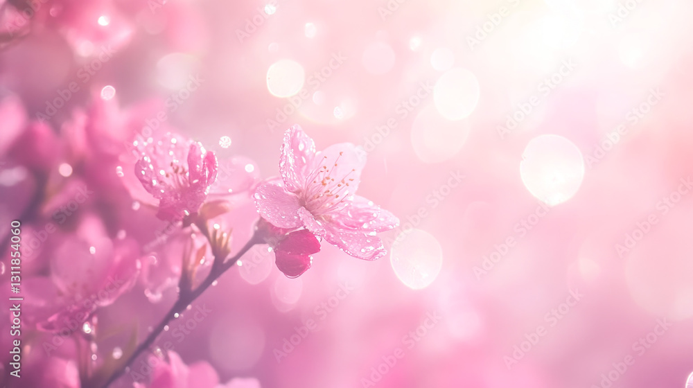 Close-up of pink cherry blossoms with dew in soft sunlight Close-up of pink cherry blossoms with dew in soft sunlight