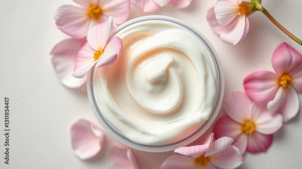 Top view of skincare cream jar surrounded by flower petals Top view of skincare cream jar surrounded by flower petals