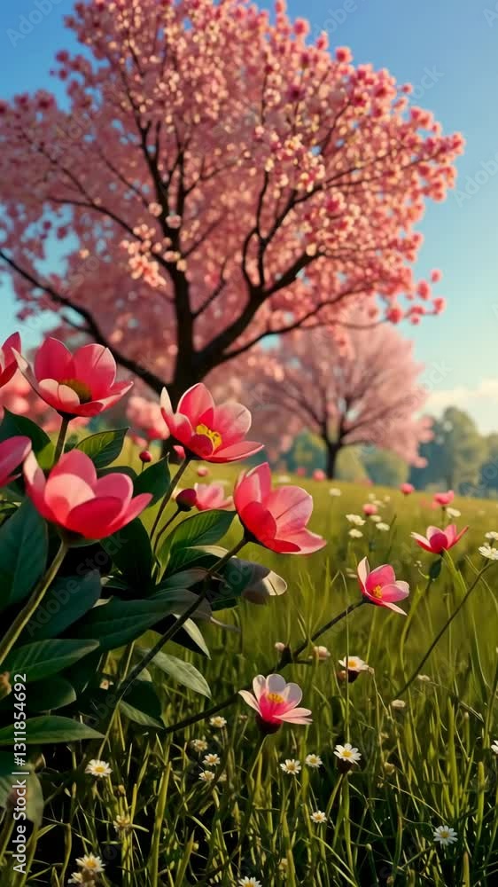 A beautiful field of pink flowers is surrounded by a pink tree. The flowers are scattered throughout the field, with some closer to the tree and others further away. The grass is also green and lush A beautiful field of pink flowers is surrounded by a pink tree. The flowers are scattered throughout the field, with some closer to the tree and others further away. The grass is also green and lush