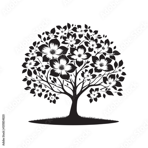Flowering Dogwood Silhouette - Minimalist Flowering Dogwood Tree Design - Flowering Dogwood Tree Vector - Tree Illustration.