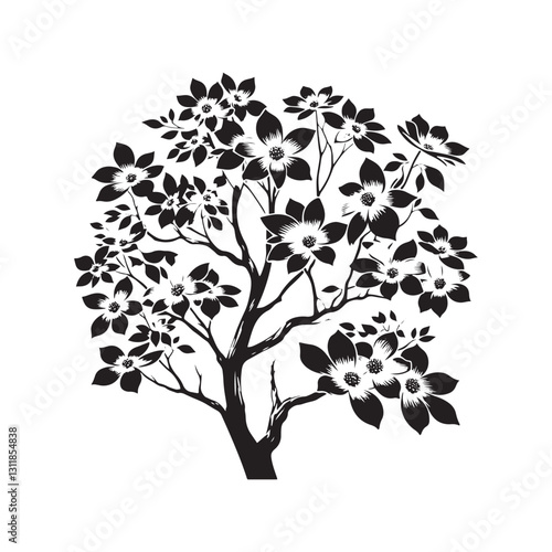 Flowering Dogwood Silhouette - Minimalist Flowering Dogwood Tree Design - Flowering Dogwood Tree Vector - Tree Illustration.