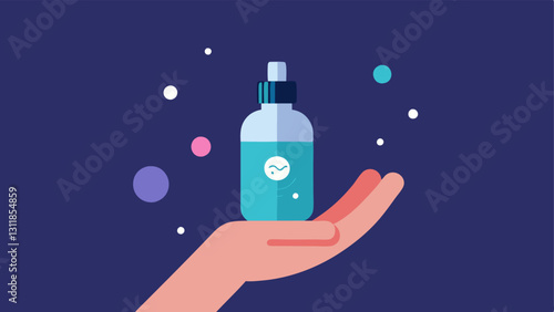 Smoothing Serum A bottle of a treatment serum with exosomes swirling around it visibly transferring into a hand that holds the bottle ready for application.