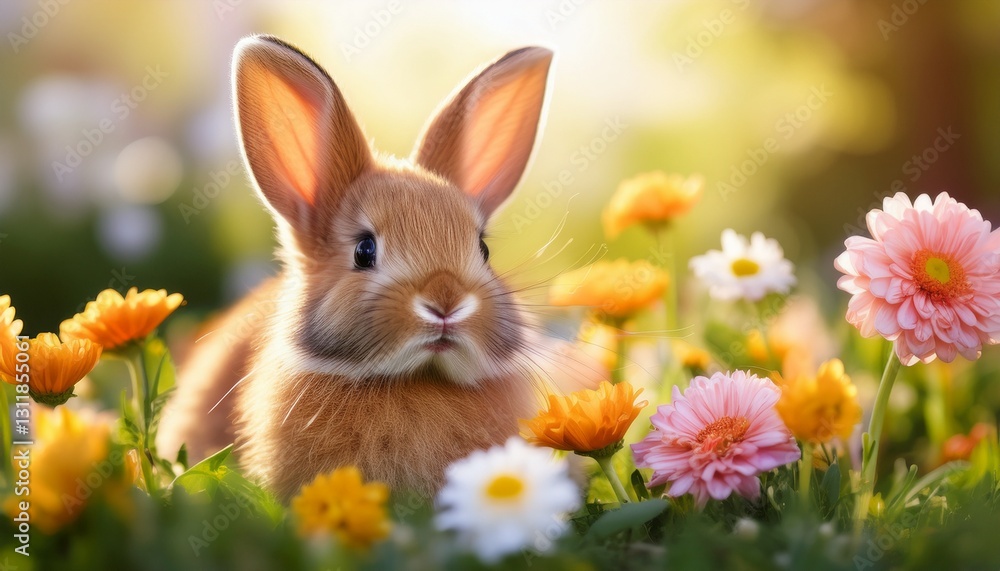 A cute Easter bunny nestled among spring flowers, with a soft, sunlit background creating a warm, cheerful atmosphere.
A cute Easter bunny nestled among spring flowers, with a soft, sunlit background creating a warm, cheerful atmosphere.