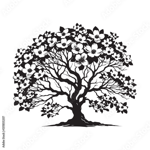 Flowering Dogwood Silhouette - Minimalist Flowering Dogwood Tree Design - Flowering Dogwood Tree Vector - Tree Illustration.