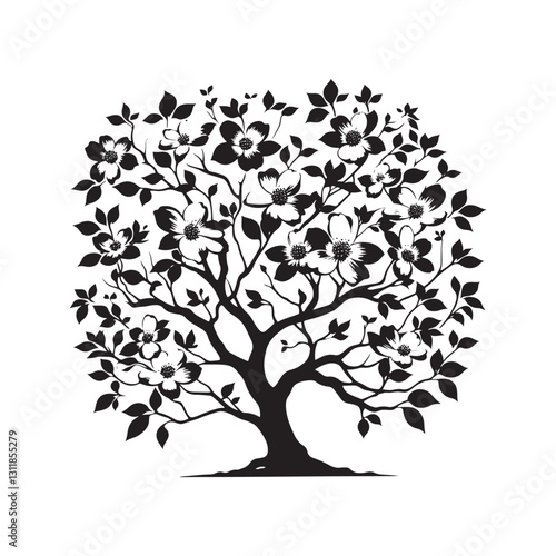 Flowering Dogwood Silhouette - Minimalist Flowering Dogwood Tree Design - Flowering Dogwood Tree Vector - Tree Illustration.