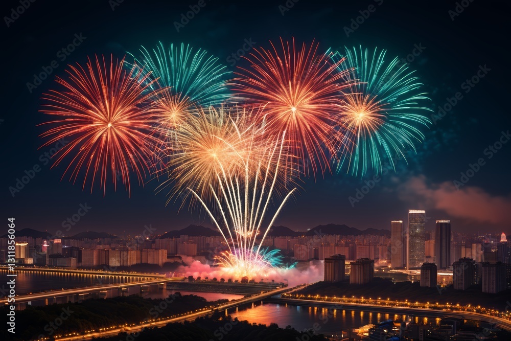 Fototapeta premium fireworks are lit up in the night sky over a city
