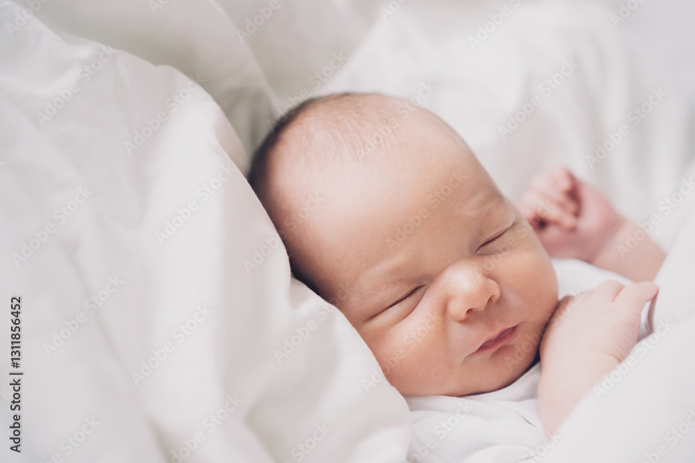 Newborn sleep at first days of life. Portrait of new born baby one week old in crib in cloth background. Newborn sleep at first days of life. Portrait of new born baby one week old in crib in cloth background.