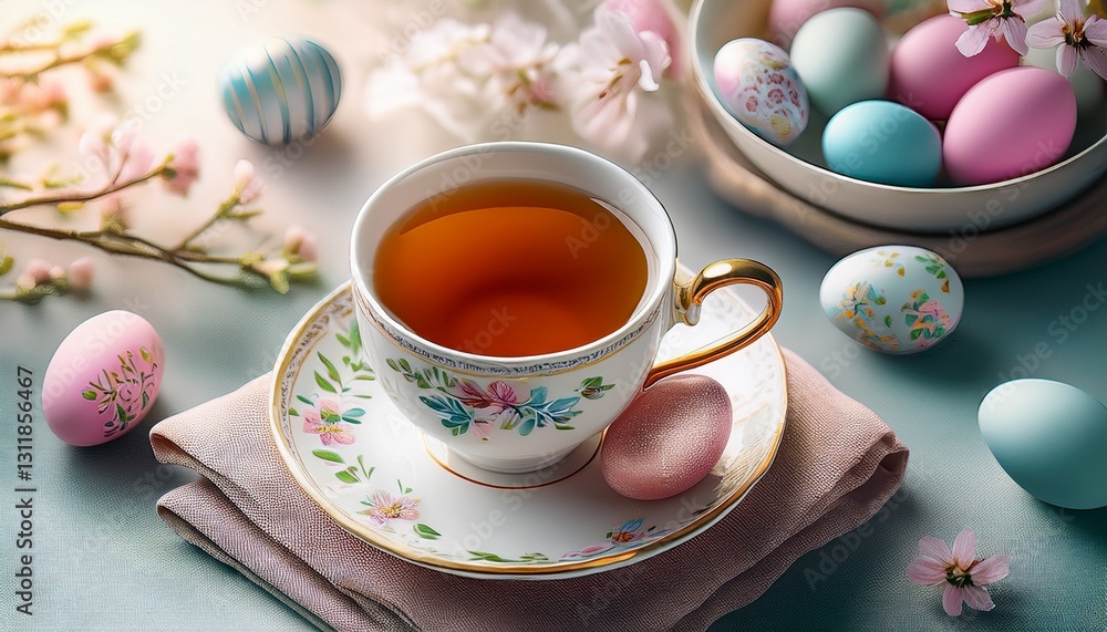A delicate porcelain teacup with tea and Easter eggs, capturing a serene spring morning in an elegant setting.
A delicate porcelain teacup with tea and Easter eggs, capturing a serene spring morning in an elegant setting.