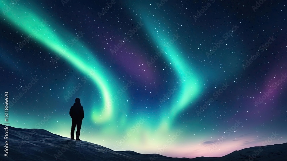 Fototapeta premium Aurora borealis northern lights concept. A mesmerizing view of the aurora borealis illuminating the night sky.