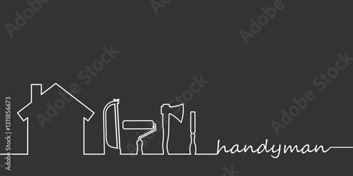 Professional handyman services. Vector banner template with silhouette  of house and repair tools silhouette and text space.  Repair tools on dark gray background for your web site design, app, UI. EP