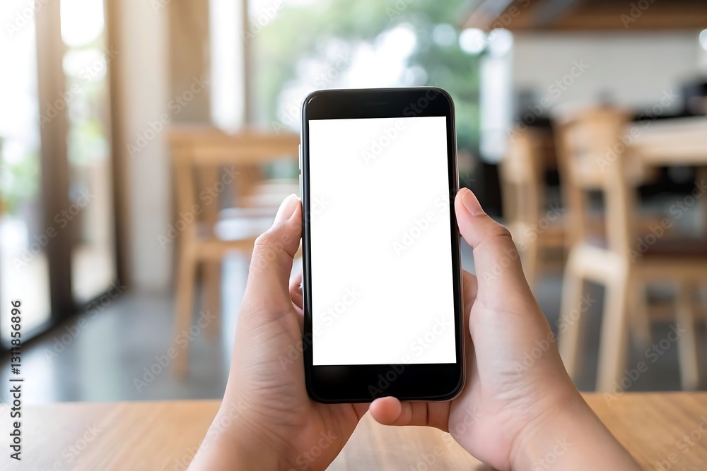 Hands Gently Holding A Smartphone With A Blank White Screen, A Peaceful Moment In A Softly Lit Cafe, Suggesting Connection And Potential Hands Gently Holding A Smartphone With A Blank White Screen, A Peaceful Moment In A Softly Lit Cafe, Suggesting Connection And Potential