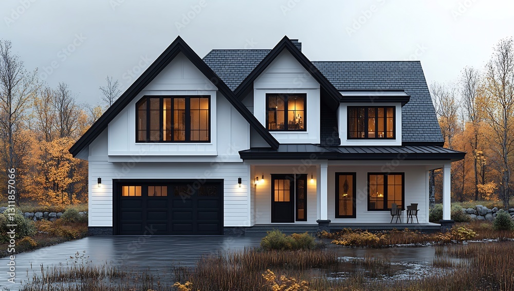 Modern Farmhouse in Autumn Setting Modern Farmhouse in Autumn Setting