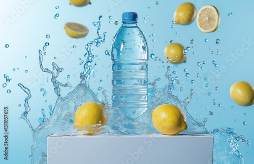Crisp Lemons and Water Bottle Escaping a White Box, Surrounded by Splashing Water