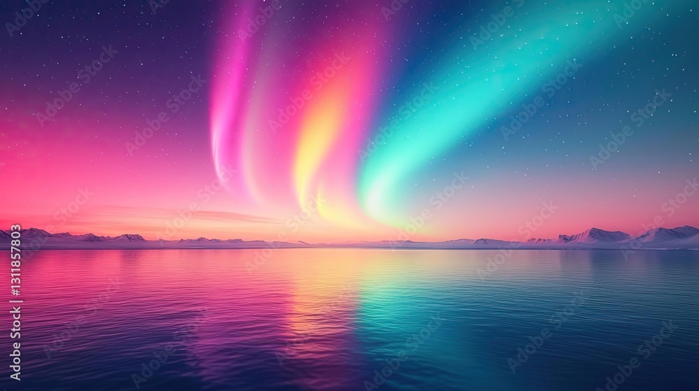 Naklejka premium Aurora borealis northern lights idea. A stunning display of auroras illuminating the night sky over calm waters.