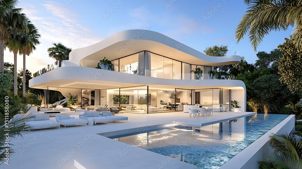 Fototapeta premium A modern, stylish villa with large glass windows, a pool, and tropical landscaping, set against a serene evening sky.