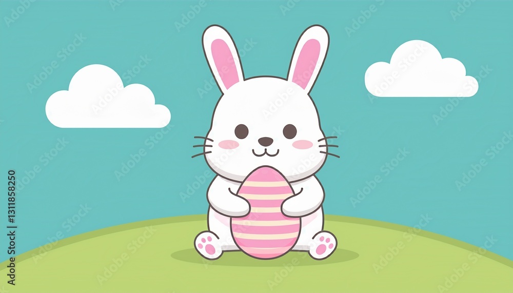 Fototapeta premium Cute Easter Bunny illustration in pastel colors, holding an Easter egg. A charming and soft design perfect for spring and holiday celebrations, with a playful and cheerful vibe. 