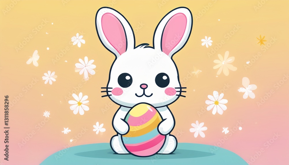 Fototapeta premium Cute Easter Bunny illustration in pastel colors, holding an Easter egg. A charming and soft design perfect for spring and holiday celebrations, with a playful and cheerful vibe. 