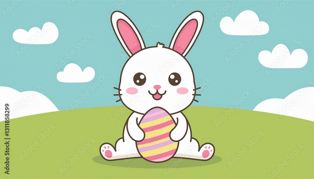Fototapeta premium Cute Easter Bunny illustration in pastel colors, holding an Easter egg. A charming and soft design perfect for spring and holiday celebrations, with a playful and cheerful vibe. 