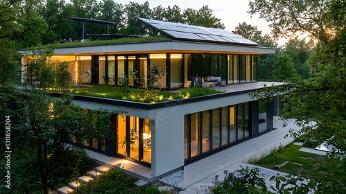 A modern house with large glass windows and a green rooftop, surrounded by trees, showcasing a blend of nature and contemporary architecture.