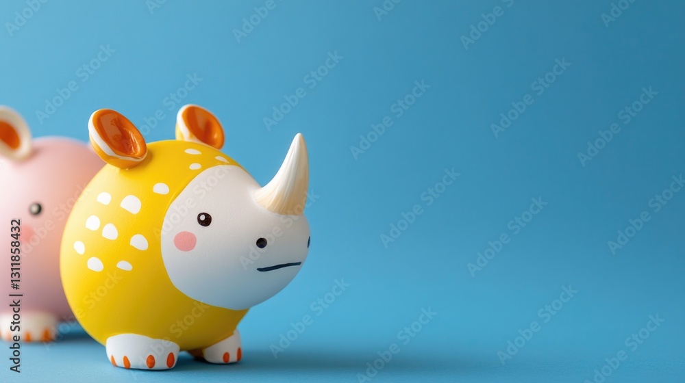 Cute yellow ceramic rhinoceros figurine with polka dots on blue background. Easter, Pascha, Paskha, Ostern, Pascua, Paques - Orthodox and Catholic Holiday celebration Cute yellow ceramic rhinoceros figurine with polka dots on blue background. Easter, Pascha, Paskha, Ostern, Pascua, Paques - Orthodox and Catholic Holiday celebration