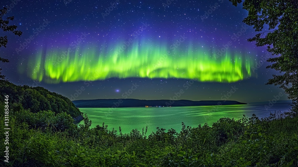 Obraz premium Aurora borealis northern lights concept. Stunning aurora borealis illuminates the night sky over a tranquil landscape.