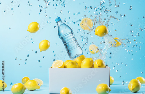 Lemons and Water Bottle in Motion, Captured with Fine Details Against a Light Blue Background
