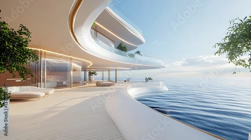 Obraz A modern architectural design featuring a sleek, curved structure by the water, surrounded by greenery and reflecting a tranquil atmosphere.