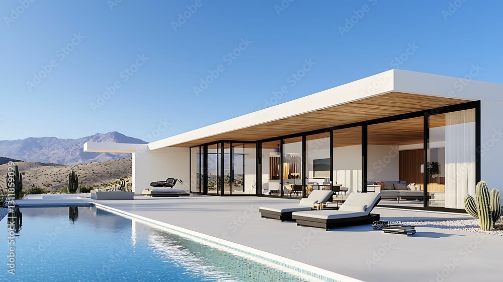 Fototapeta premium A modern house with large glass walls overlooking a pool and mountains, featuring a sleek design and a serene outdoor space.