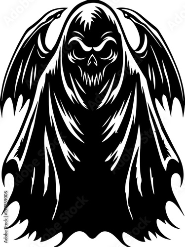 SVG vector features fire and shadow demons with eldritch designs. Dark Fantasy Grim Reaper Illustration in Black and White Design