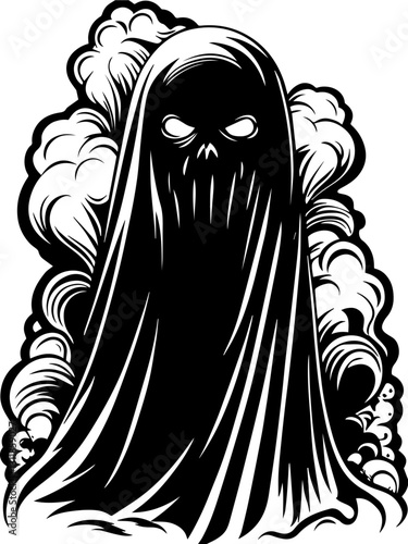SVG vector features fire and shadow demons with eldritch designs. Mysterious Ghost Figure Surrounded by Dark Smoke Clouds