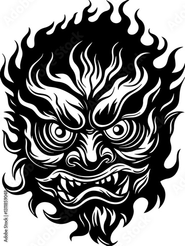 SVG vector features fire and shadow demons with eldritch designs. Fierce Demon Face with Fiery Flames in Monochrome Design