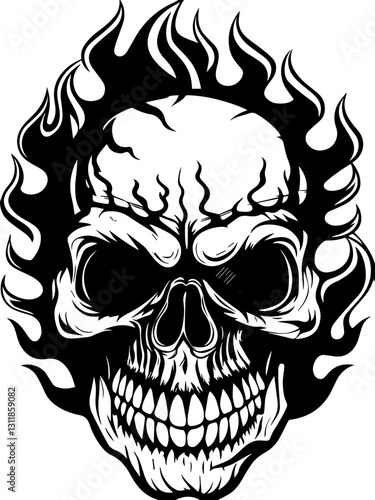 SVG vector features fire and shadow demons with eldritch designs. Skull Design with Flames in Black and White Illustration