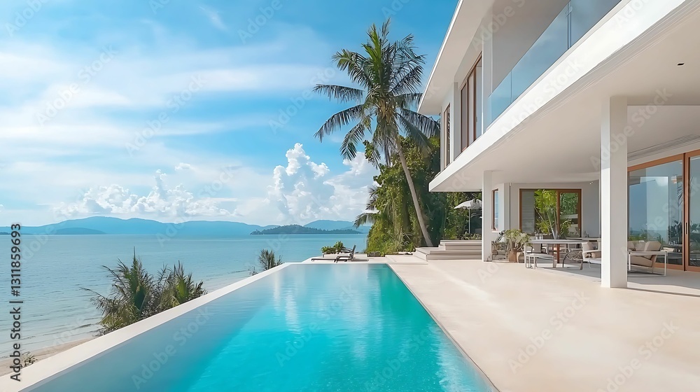 Fototapeta premium A modern villa with an infinity pool overlooking a serene beach and palm trees under a clear blue sky.