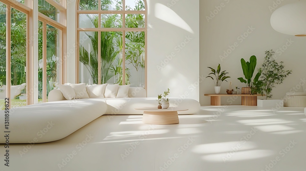 Fototapeta premium A serene interior featuring a light, modern design with large windows, natural light, and plants, creating a peaceful atmosphere.