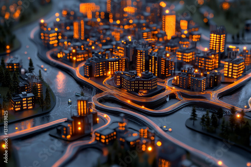 A vibrant urban scene at dusk, with glowing district heating pipes weaving through a modern