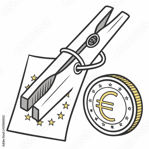 Euro in a clip with clothespin and coin illustration