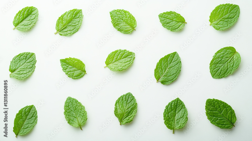 Fresh mint leaves pattern on white background for natural freshness and aroma Fresh mint leaves pattern on white background for natural freshness and aroma