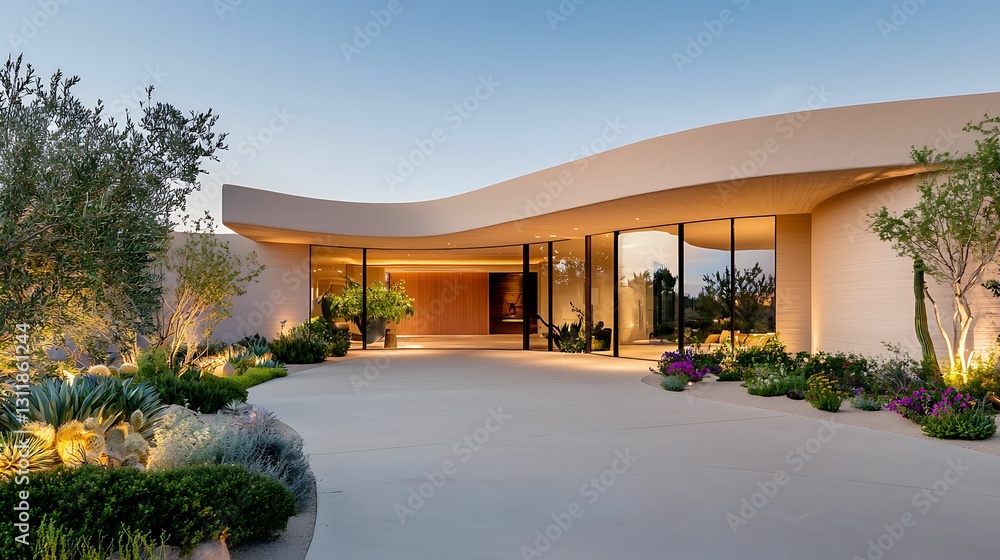Fototapeta premium A modern, curved architectural design featuring large glass windows, surrounded by lush landscaping and warm lighting.