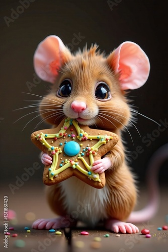 Cute rat holding gingerbread star cookie with colorful icing, small, rodent