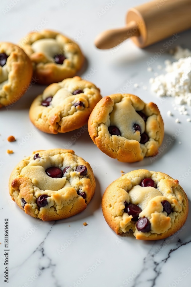 Freshly baked cookies on elegant marble surface, with rolling pin and flour, flour, delicious Freshly baked cookies on elegant marble surface, with rolling pin and flour, flour, delicious