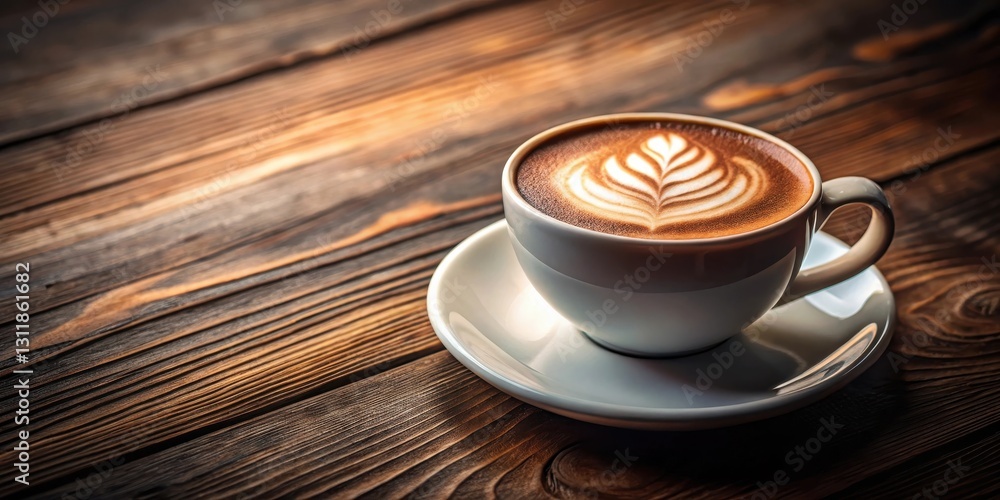 Aromatic Latte Art in a White Cup on Rustic Wood Aromatic Latte Art in a White Cup on Rustic Wood