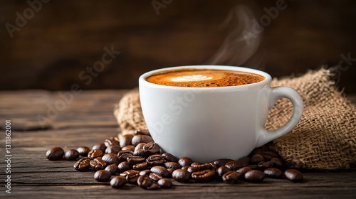 Coffee cup with beans on wooden surface