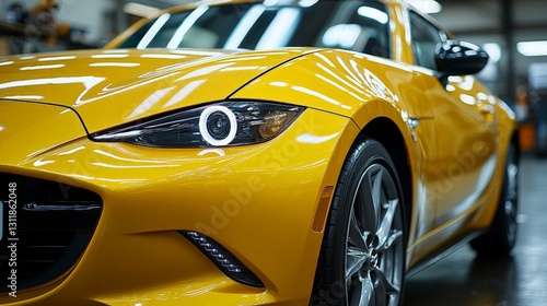 A yellow car with a black rim and a black headlight. The car is parked in a garage