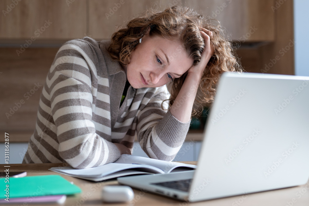 Tired female difficulty concentrating while working on laptop. Exhausted woman with low hemoglobin, burnout holding head in chronic fatigue, looking at documents feeling mentally, physically drained. Tired female difficulty concentrating while working on laptop. Exhausted woman with low hemoglobin, burnout holding head in chronic fatigue, looking at documents feeling mentally, physically drained.
