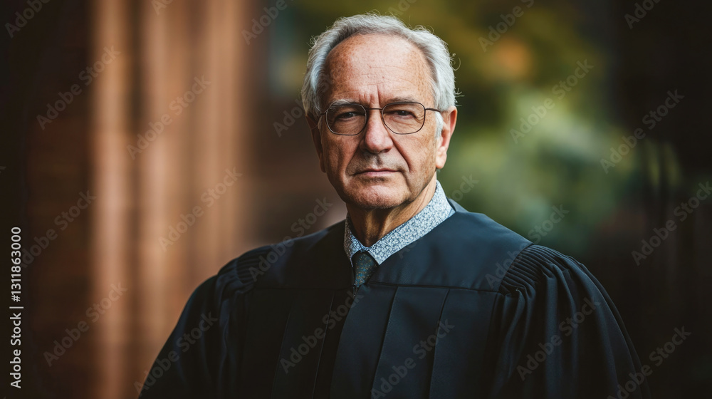 Elderly caucasian male judge in black robes outdoors with focused expression Elderly caucasian male judge in black robes outdoors with focused expression